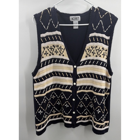 Koret Sweaters - VTG Koret Sweater Vest‎ L Grannny Knit Blue V Neck 90s Embroidered Casual Button